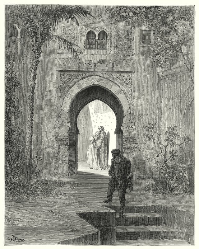 Gustave Dores Don Quixote: "Zoraida, showing trouble in her looks, went away with her father" (engraving) 作者 古斯塔夫·多尔（Gustave Dore）