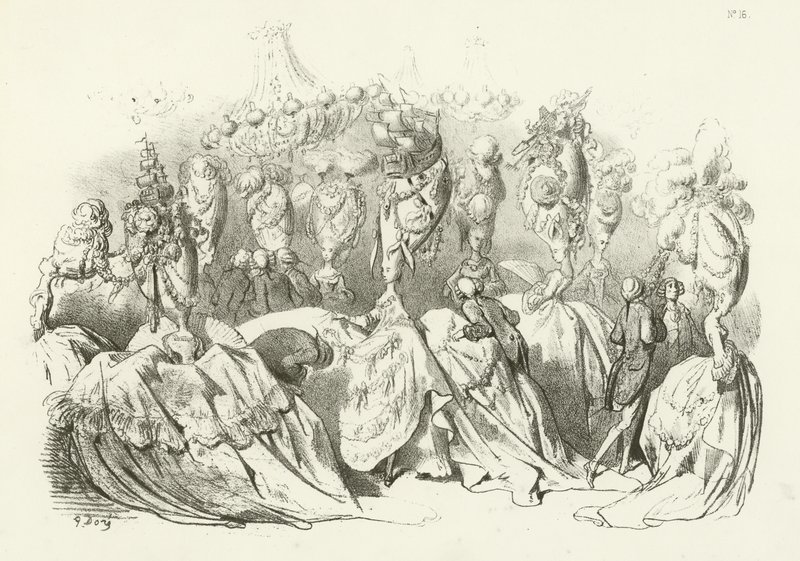 路易十六统治时期的头饰（凹版印刷） 作者 古斯塔夫·多尔（Gustave Dore）