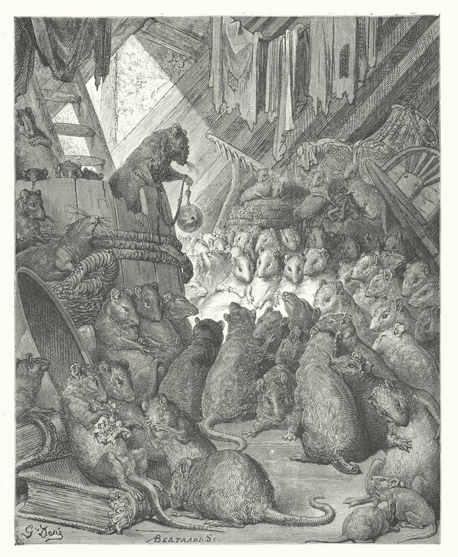 拉封丹的寓言：老鼠召开的会议（雕刻） 作者 古斯塔夫·多尔（Gustave Dore）