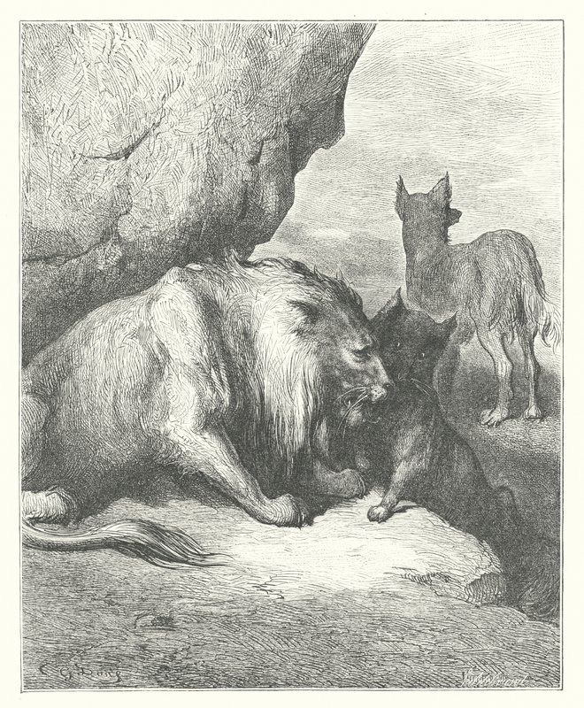 拉封丹寓言：狮子、狼和狐狸（版画） 作者 古斯塔夫·多尔（Gustave Dore）