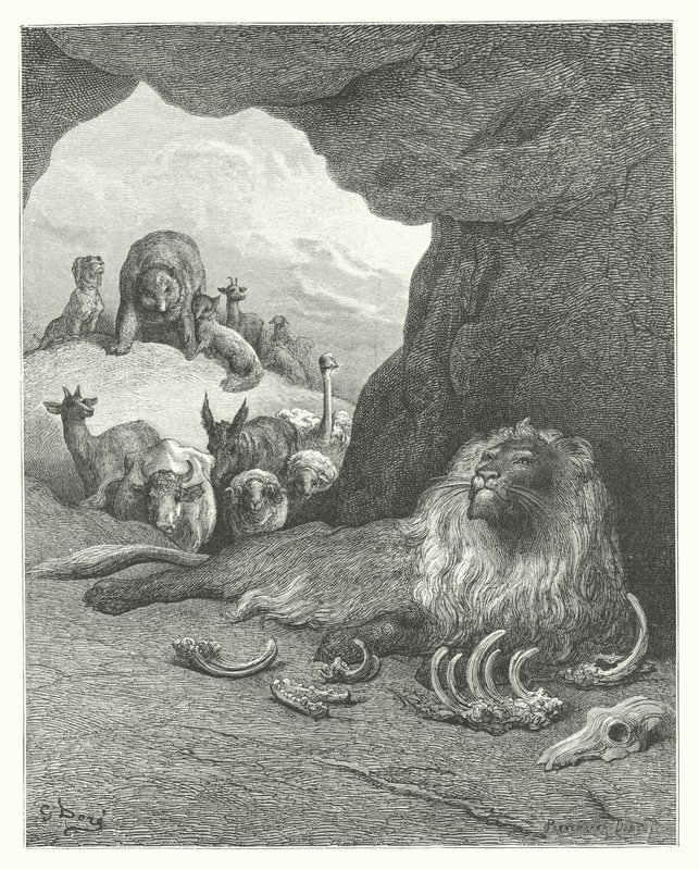 拉封丹寓言：生病的狮子和狐狸（雕刻） 作者 古斯塔夫·多尔（Gustave Dore）