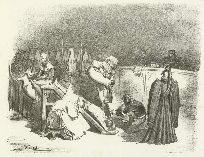 宗教裁判所 - 水刑（凹版印刷） 作者 古斯塔夫·多尔（Gustave Dore）