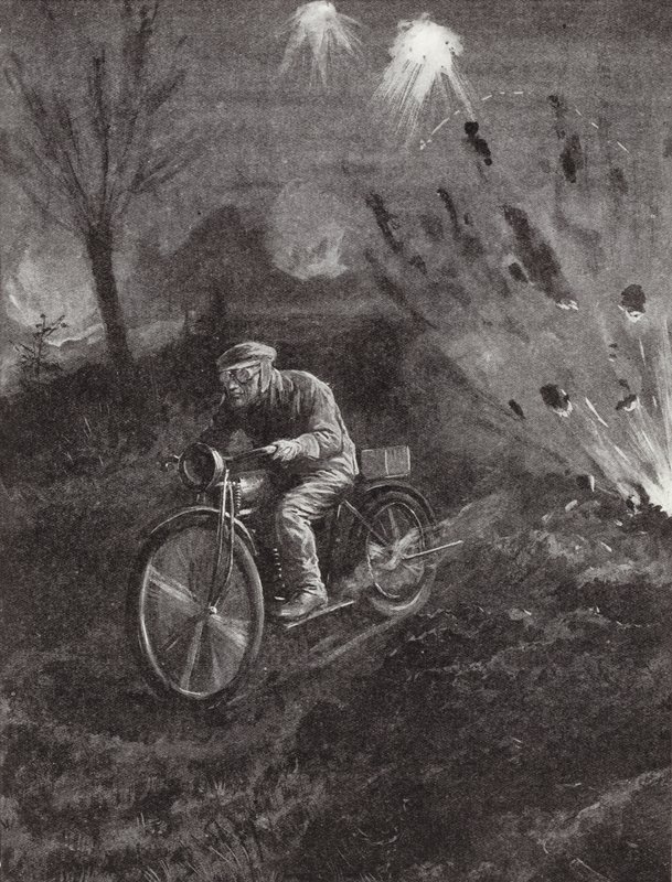 第一次世界大战中，Lance-Corporal CC Parrott在他的摩托车沿着被炮火扫过的道路上传递信息 作者 里珀格