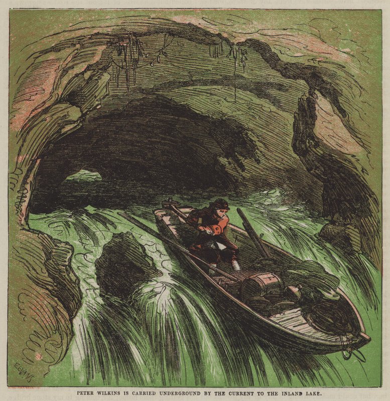 Peter Wilkins is carried underground by the current to the Inland Lake (colour litho) 作者 继 Hablot Knight Browne 之后