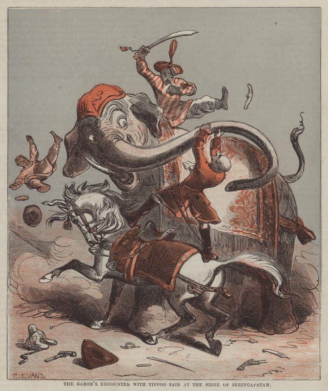 男爵在围攻 Seringapatam 时与 Tippoo Saib 相遇（彩色石版画） 作者 继 Hablot Knight Browne 之后