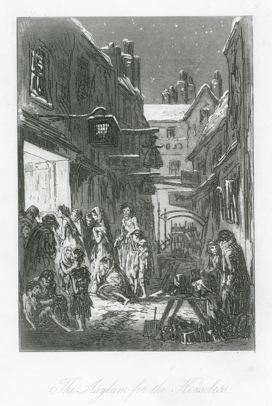 伦敦街头：无家可归者的庇护所（雕刻） 作者 哈布洛骑士 (1815-92) 布朗