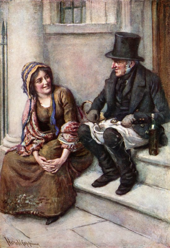 Trotty Veck and his daughter Meg (colour litho) 作者 哈罗德·应付