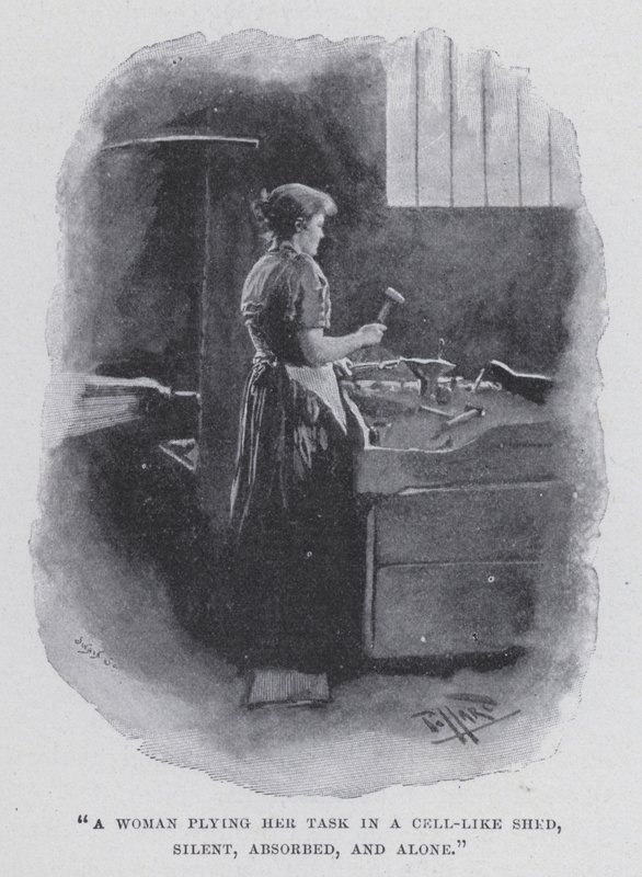 "A woman plying her task in a cell-like shed, silent, absorbed, and alone" (b/w photo) 作者 哈罗德·休姆·皮法德