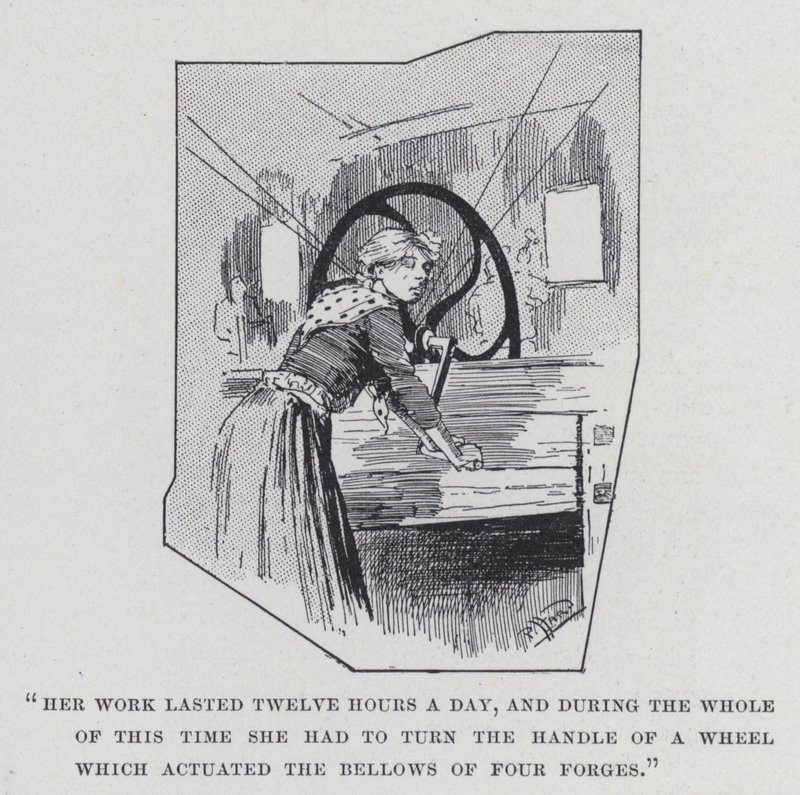 "Her work lasted twelve hours a day, and during the whole of this time she had to turn the handle of a wheel which actuated the bellows of four forges" (b/w photo) 作者 哈罗德·休姆·皮法德