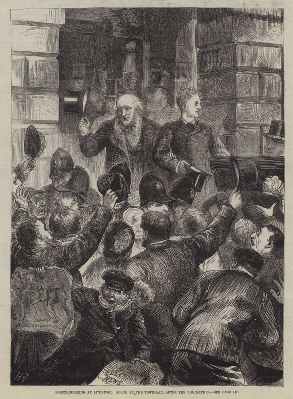 在利物浦竞选，在提名后的市政厅场景 作者 哈里·弗尼斯（Harry Furniss）
