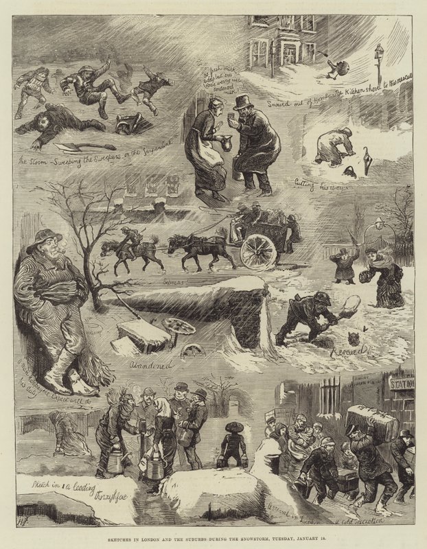 1月18日星期二在暴风雪期间在伦敦和郊区的草图 作者 哈里·弗尼斯（Harry Furniss）