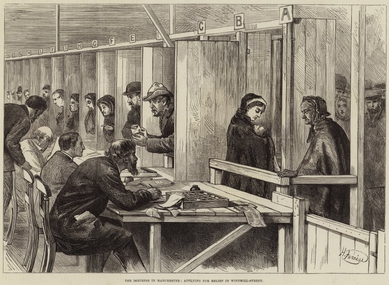 在曼彻斯特遇险，申请在风车街救济 作者 哈里·弗尼斯（Harry Furniss）