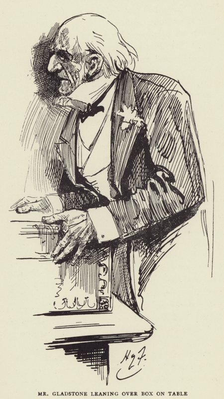 格拉德斯通先生靠在桌子上的盒子里 作者 哈里·弗尼斯（Harry Furniss）