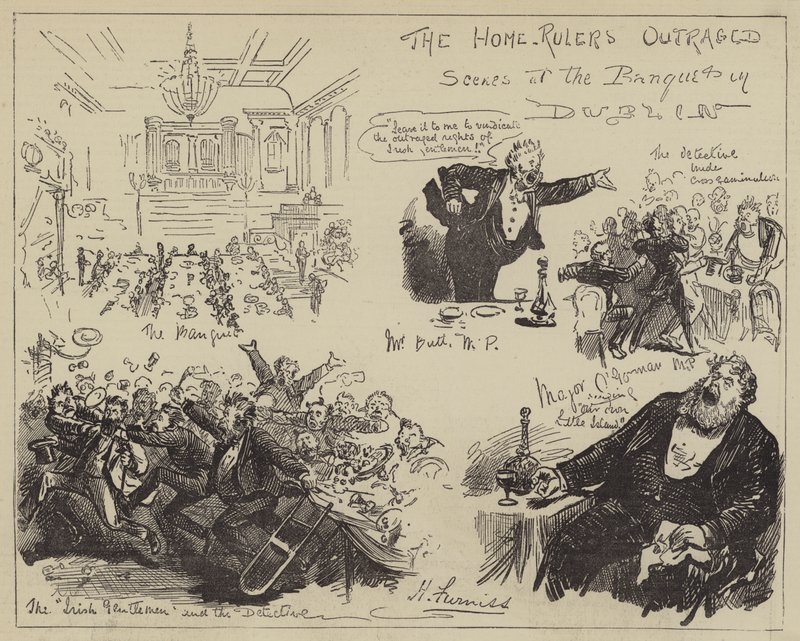 家庭统治者愤怒，都柏林宴会场面 作者 哈里·弗尼斯（Harry Furniss）