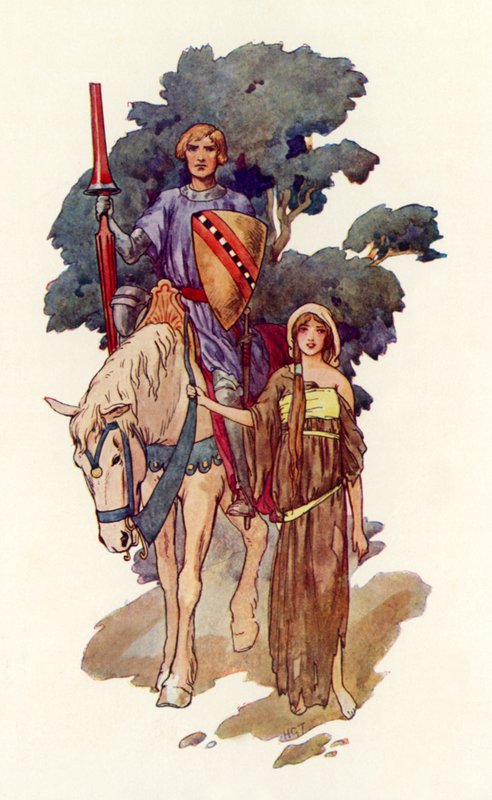 骑士与身旁衣衫褴褛的少女（彩色石版画） 作者 哈里·乔治·西克