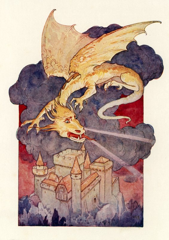 "巨龙张开双翼，蓄势待发，悬挂在城堡上空"（彩色石版画） 作者 哈里·乔治·西克