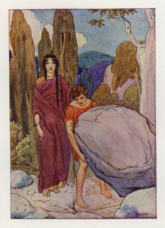 特修斯举起大石头，石头下放着剑和凉鞋（彩色石版画） 作者 哈里·乔治·西克