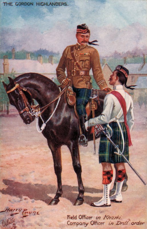 The Gordon Highlanders, Field Officer in Kharki, Company Officer in Drill order (colour litho) 作者 哈里·佩恩