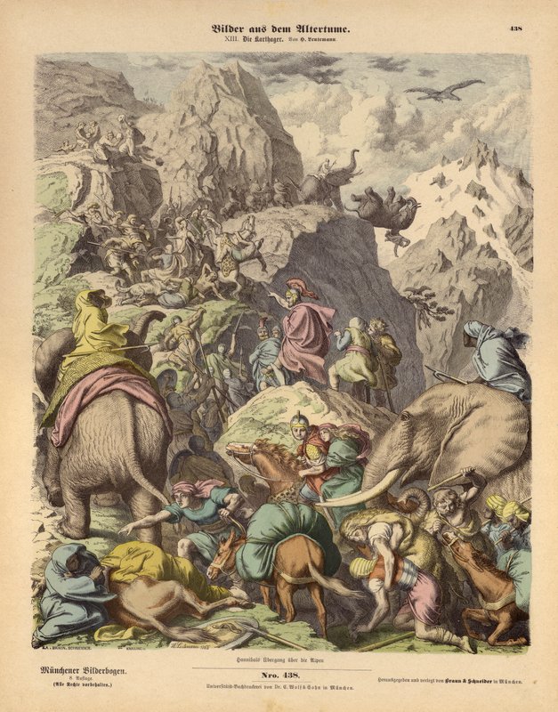 汉尼拔率领迦太基军队越过阿尔卑斯山（彩色雕版画）。 作者 海因里希·勒特曼