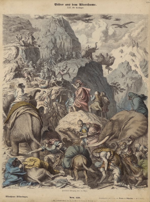 汉尼拔率领迦太基军队翻越阿尔卑斯山（彩色版画） 作者 海因里希·勒特曼