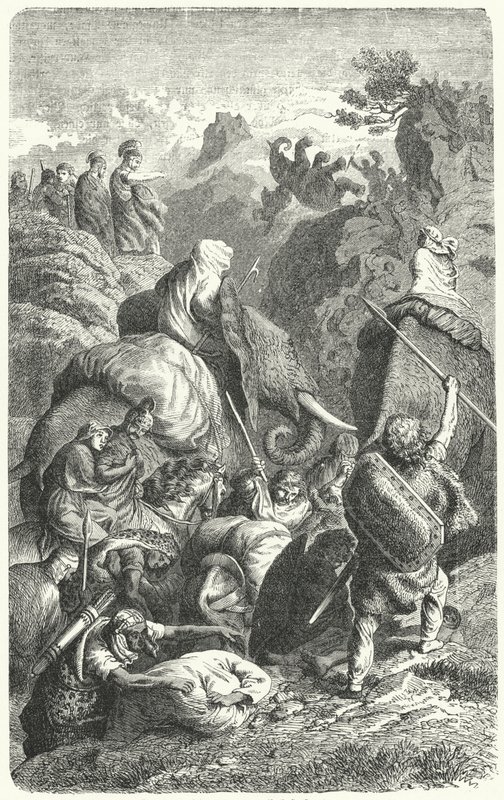 汉尼拔穿越阿尔卑斯山，公元前 218 年（版画） 作者 海因里希·勒特曼