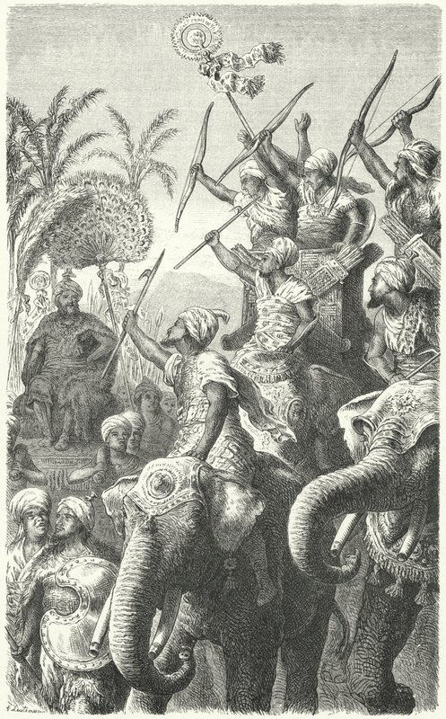 Pauravas 之王 Porus，回顾他的战象（雕刻） 作者 海因里希·勒特曼