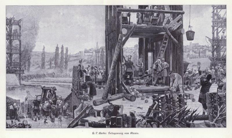 Siege of Alesia, Gaul, 52 BC, Illustration from Moderne Kunst in Meister-Holzschnitten (Richard Bong, Berlin, c. 1904 (engraving) 作者 亨利·保罗（后）莫特