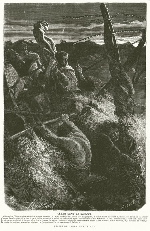 Julius Caesar, disguised as a slave, revealing his identity to the crew of a boat caught in a storm while crossing the Adriatic Sea, 48 BC (engraving) 作者 亨利·德·蒙托（后）