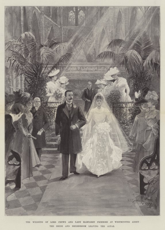 Crewe勋爵和Margaret Primrose夫人在威斯敏斯特教堂举行婚礼，新娘和新郎离开祭坛 作者 亨利·查尔斯·塞普金斯·赖特