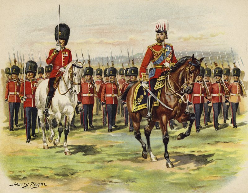 作为威尔士亲王的乔治五世国王率领他的军团，皇家Fusiliers，在Aldershot（chromolitho） 作者 亨利·佩恩