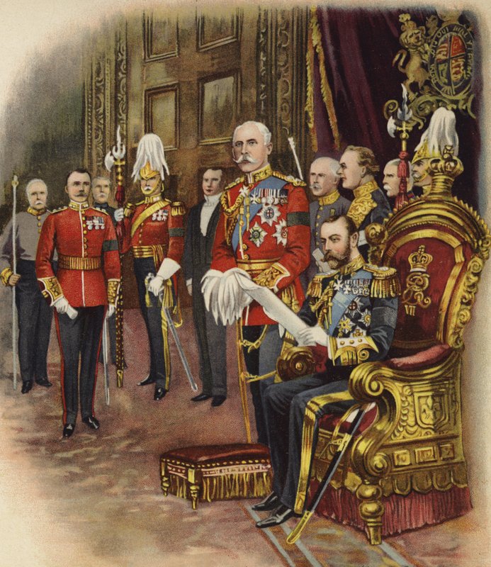乔治五世国王在1910年5月举行了他的第一个法庭（chromolitho） 作者 亨利·佩恩