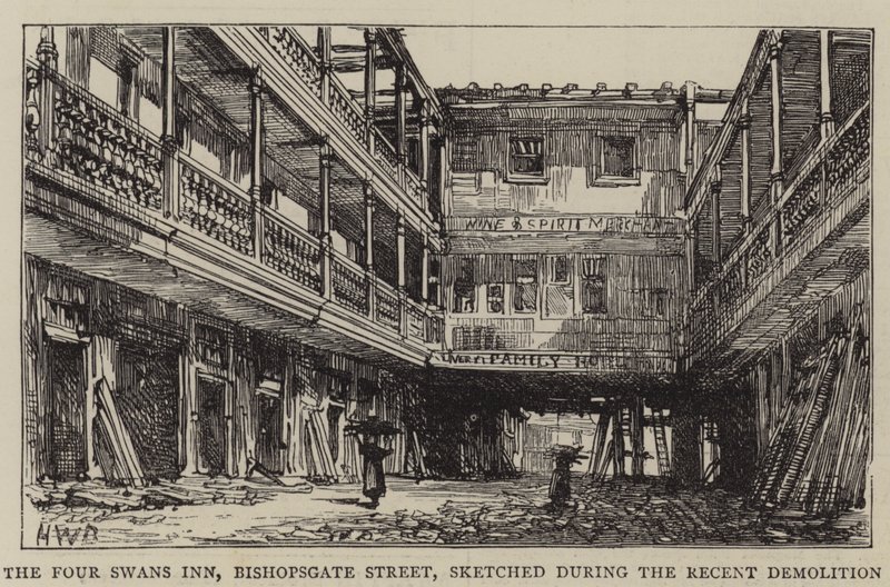 四天鹅旅馆，Bishopsgate街，在最近拆除期间勾勒出来 作者 亨利威廉布鲁尔