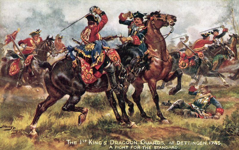 国王马，现在是第一（国王）龙骑兵卫队，Dettingen战役，1743年6月 作者 亨利·佩恩