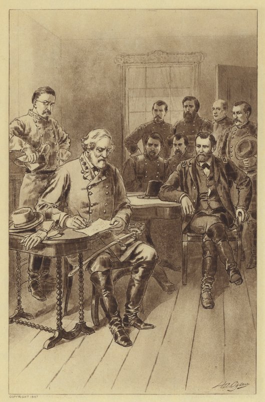 李向格兰特投降，阿波马托克斯，1865年4月9日（石印）。 作者 亨利·亚历山大（后）奥格登