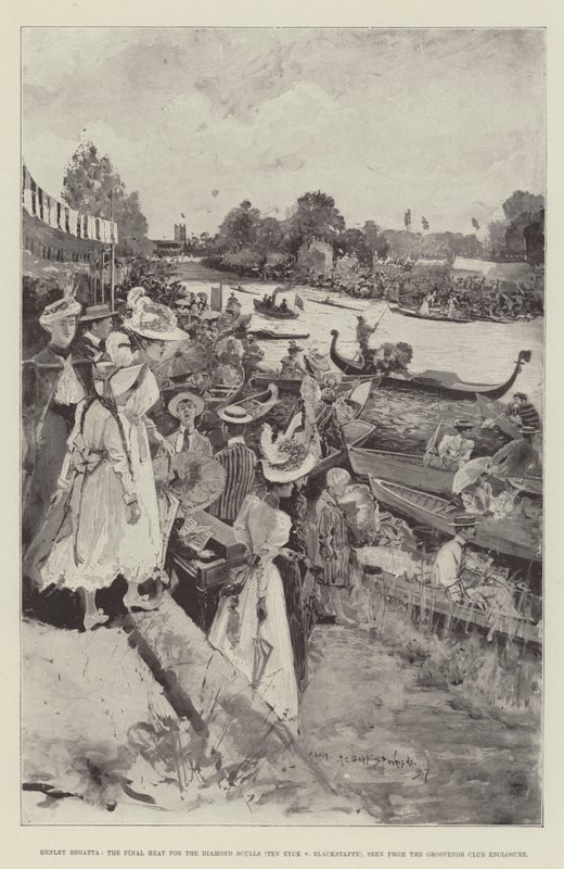 从Grosvenor Club Enclosure看到的Henley Regatta，钻石双桨（Ten Eyck v Blackstaffe）的最后热火 作者 亨利·查尔斯·塞普金斯·赖特