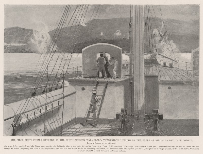 来自南非战争中的舰船的第一枪，HMS Partridge在Cape Colony的Saldanha Bay的Boers上射击 作者 亨利·查尔斯·塞普金斯·赖特
