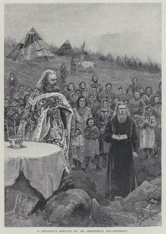Orozhanni 营地的宗教仪式（石版画） 作者 亨利·桑德姆（Henry Sandham）