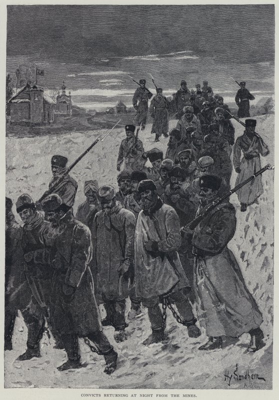 卡拉，晚上从矿井回来的囚犯（石版画） 作者 亨利·桑德姆（Henry Sandham）