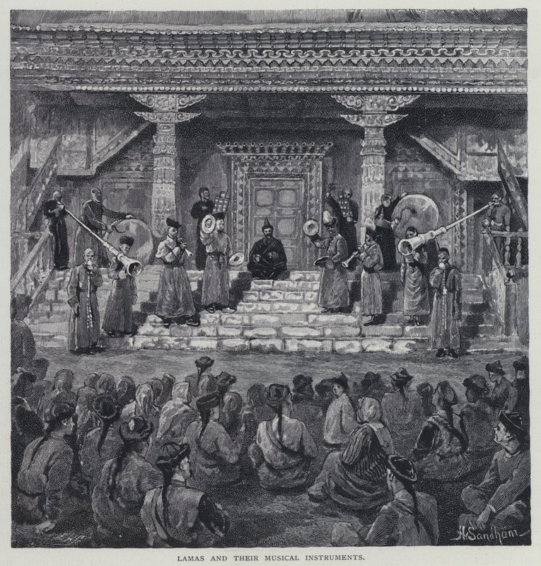 喇嘛和他们的乐器（石版画） 作者 亨利·桑德姆（Henry Sandham）