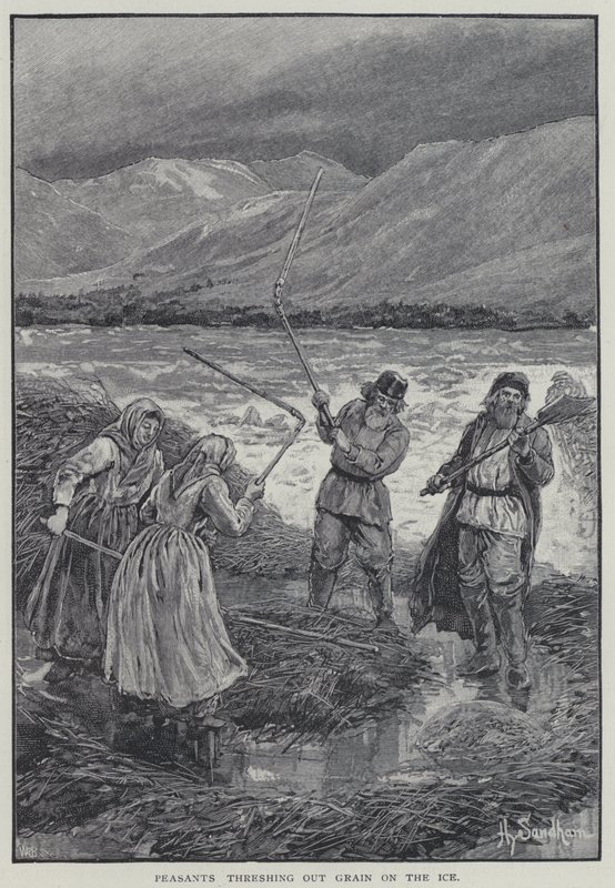 农民在冰上脱粒（石版画） 作者 亨利·桑德姆（Henry Sandham）