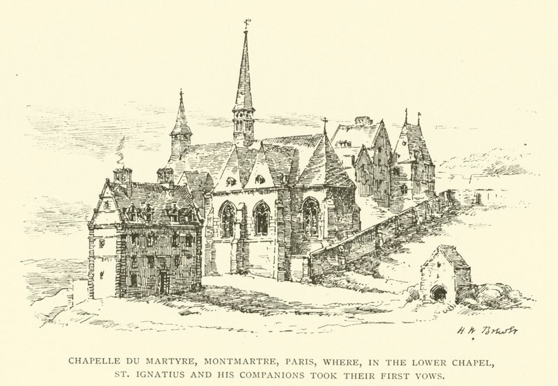 巴黎蒙马特的殉道者礼拜堂（Chapelle du Martyre），在这里，圣依纳爵和他的同伴们在下礼拜堂发了他们的第一个誓言（雕刻）。 作者 亨利威廉布鲁尔