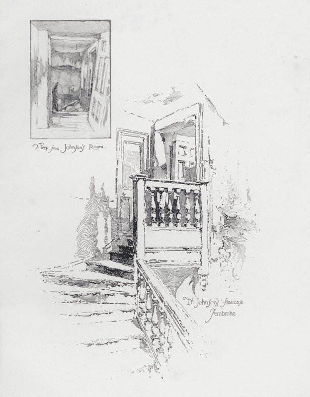 英国作家塞缪尔约翰逊的房间和楼梯，牛津彭布罗克学院（石版画） 作者 赫伯特（后）雷尔顿