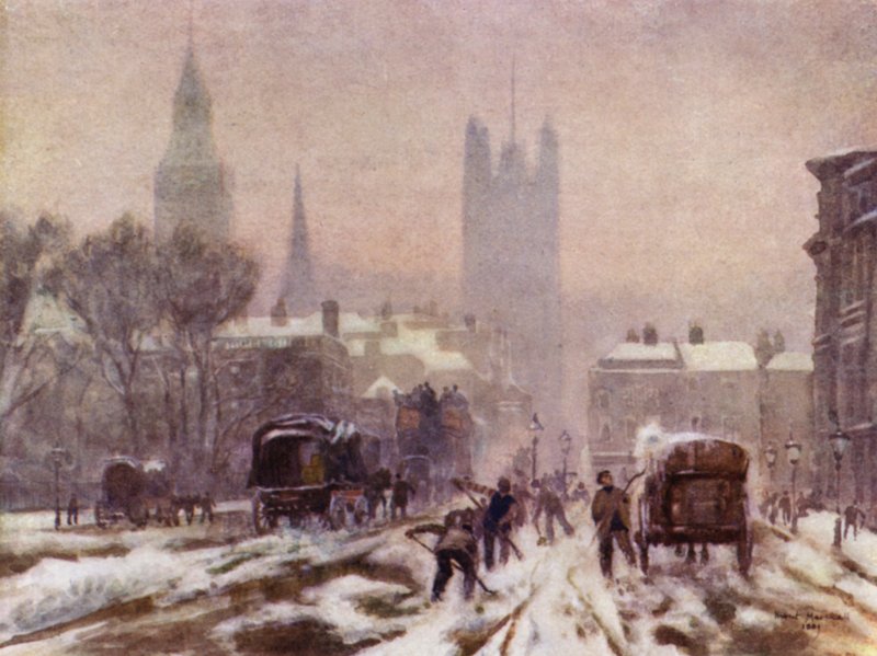 A Snowy Morning, Whitehall (colour litho) 作者 赫伯特·孟席斯（后）马歇尔
