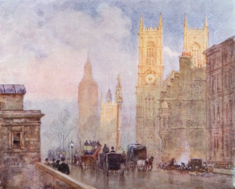 The End of Victoria Street, Westminster (colour litho) 作者 赫伯特·孟席斯（后）马歇尔