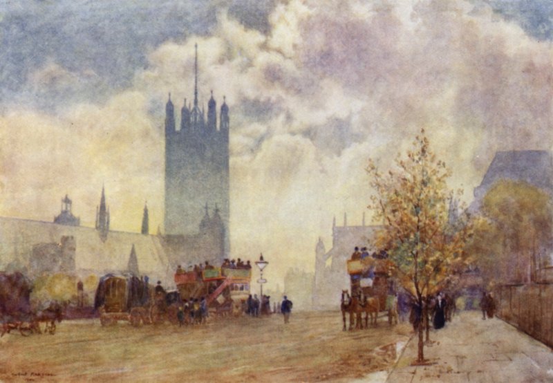 Victoria Tower and East End of Westminster Abbey (colour litho) 作者 赫伯特·孟席斯（后）马歇尔
