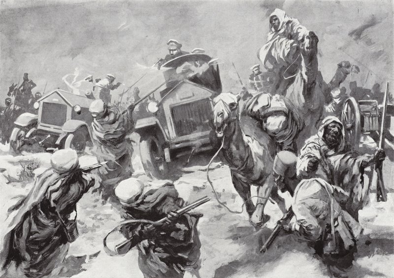 1916年3月17日，威斯敏斯特公爵和他的装甲车拯救被北非塞米尼卡Senussi劫持的遇难船员 作者 霍华德·埃尔科克