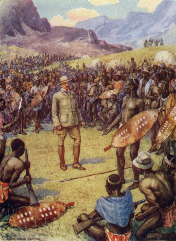 塞西尔·罗兹 (Cecil Rhodes) 与马塔贝莱斯 (Matabeles)（彩色平版印刷） 作者 霍华德戴维