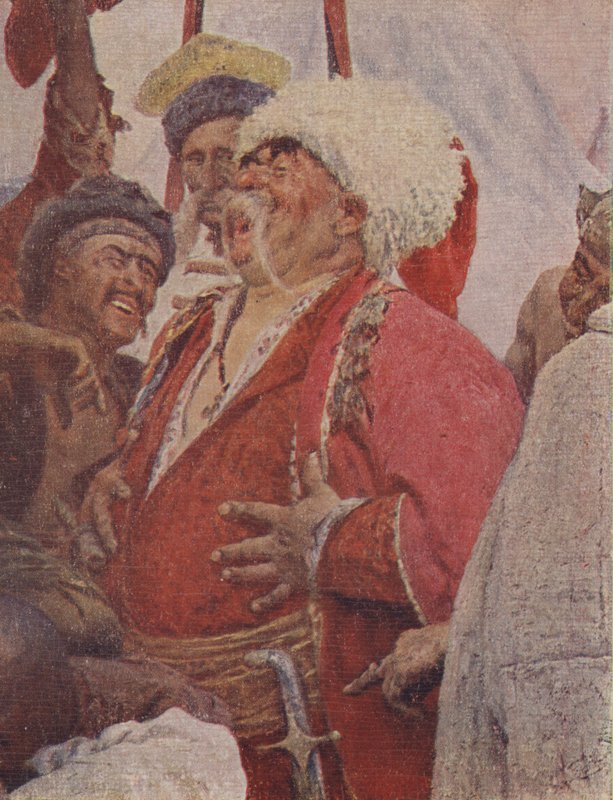 绘画的细节“扎波罗热哥萨克人对苏丹穆罕默德四世的回应”，1891年 作者 伊利亚·叶菲莫维奇·列宾