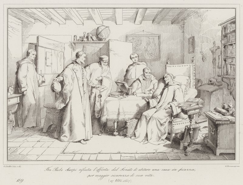 Friar Paolo Sarpi拒绝参议院提出的住在广场上的房子，以提高他的生活安全，1607 作者 意大利学校
