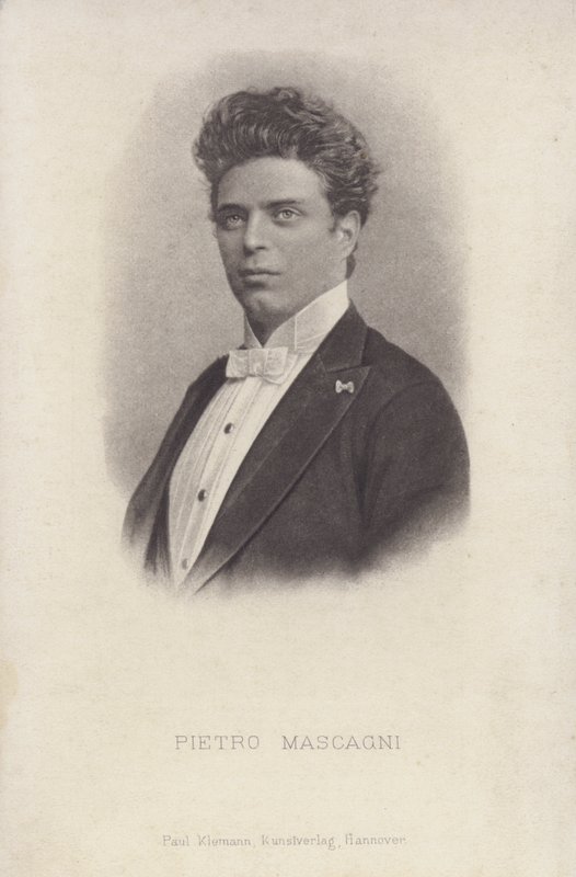 马斯卡尼（Pietro Mascagni），歌剧《乡村爱情》（Cavalleria Rusticana）的意大利作曲家（黑白照片）。 作者 意大利摄影师